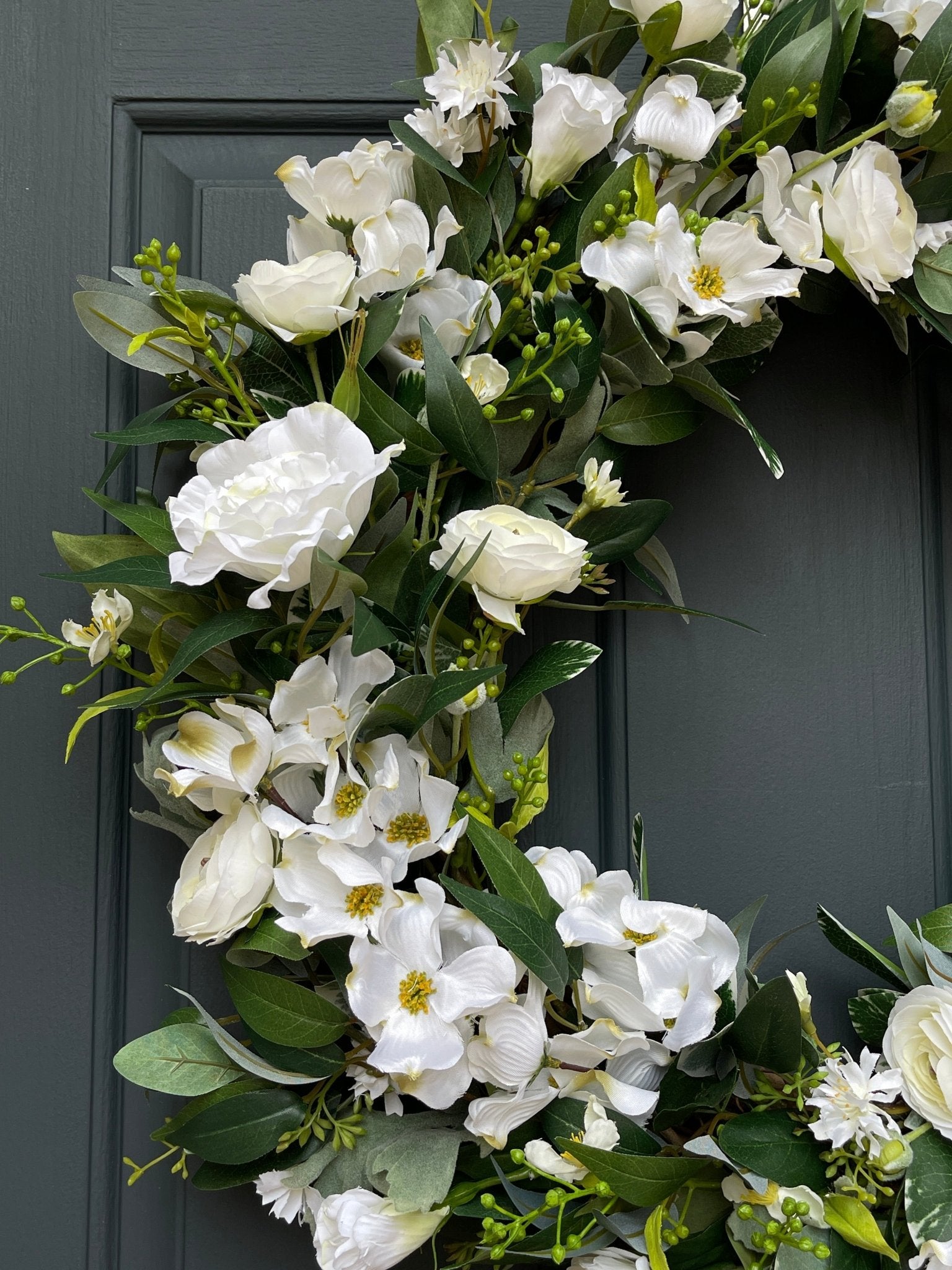 White and Green Dogwood Ranunculus Spring Wreath - Che Cose Belle