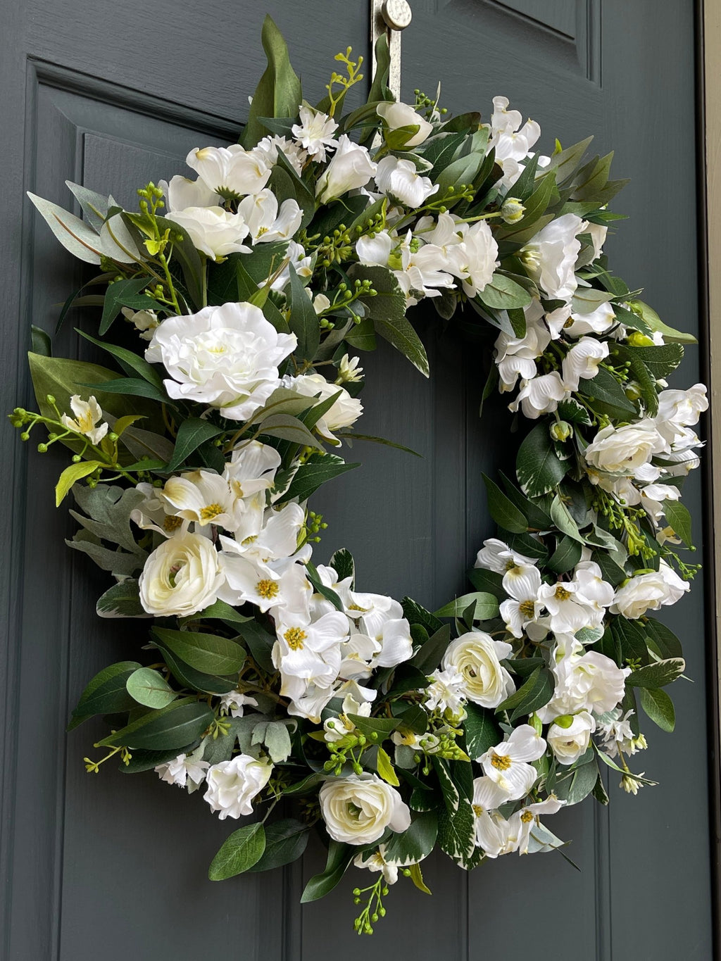 White and Green Dogwood Ranunculus Spring Wreath - Che Cose Belle