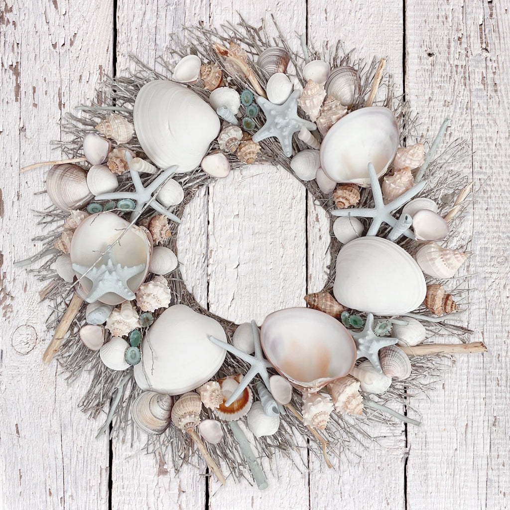 White & Light Blue Seashell Wreath - Che Cose Belle