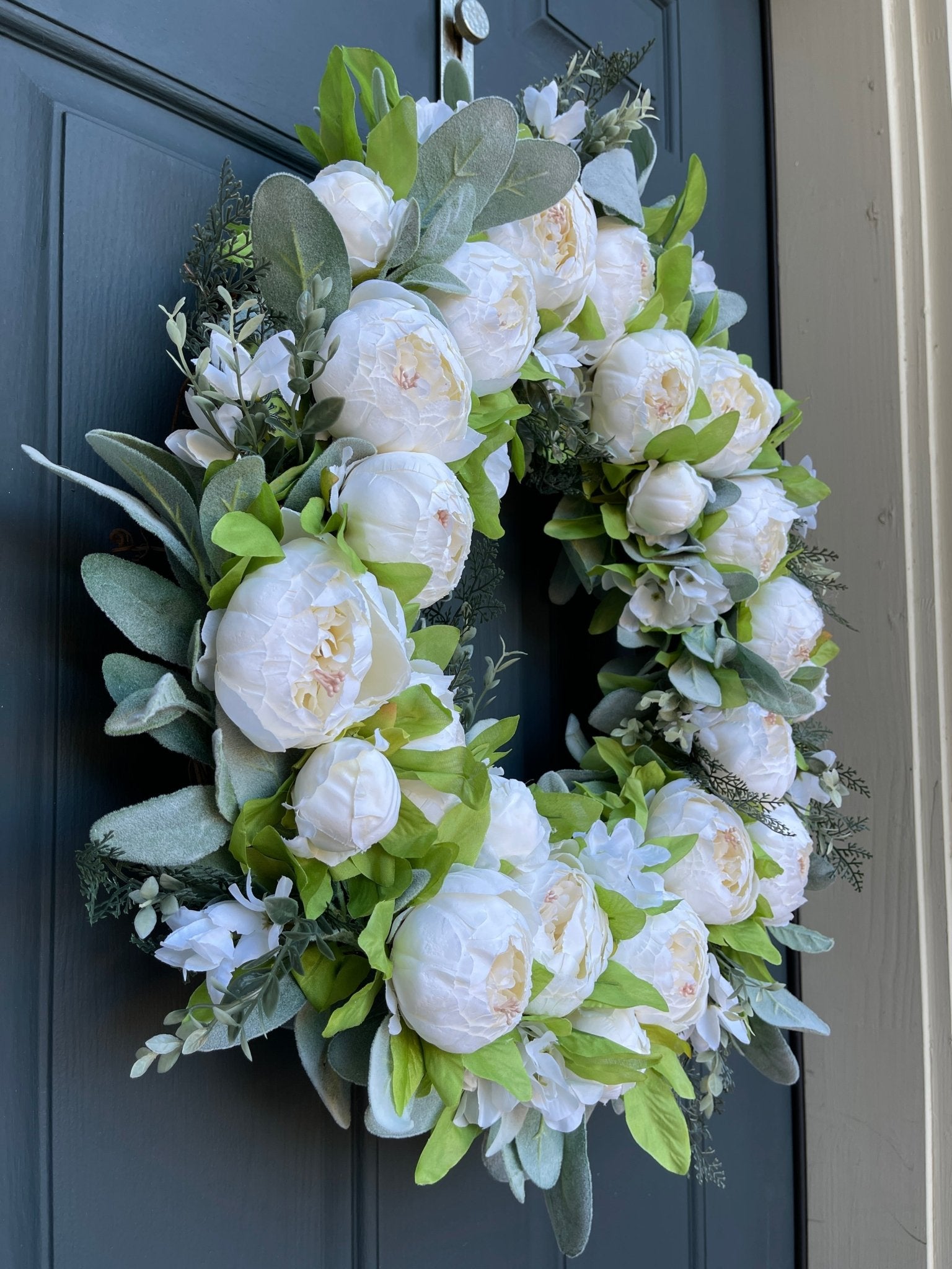 White Peony and Lambs Ear Spring Wreath - Che Cose Belle