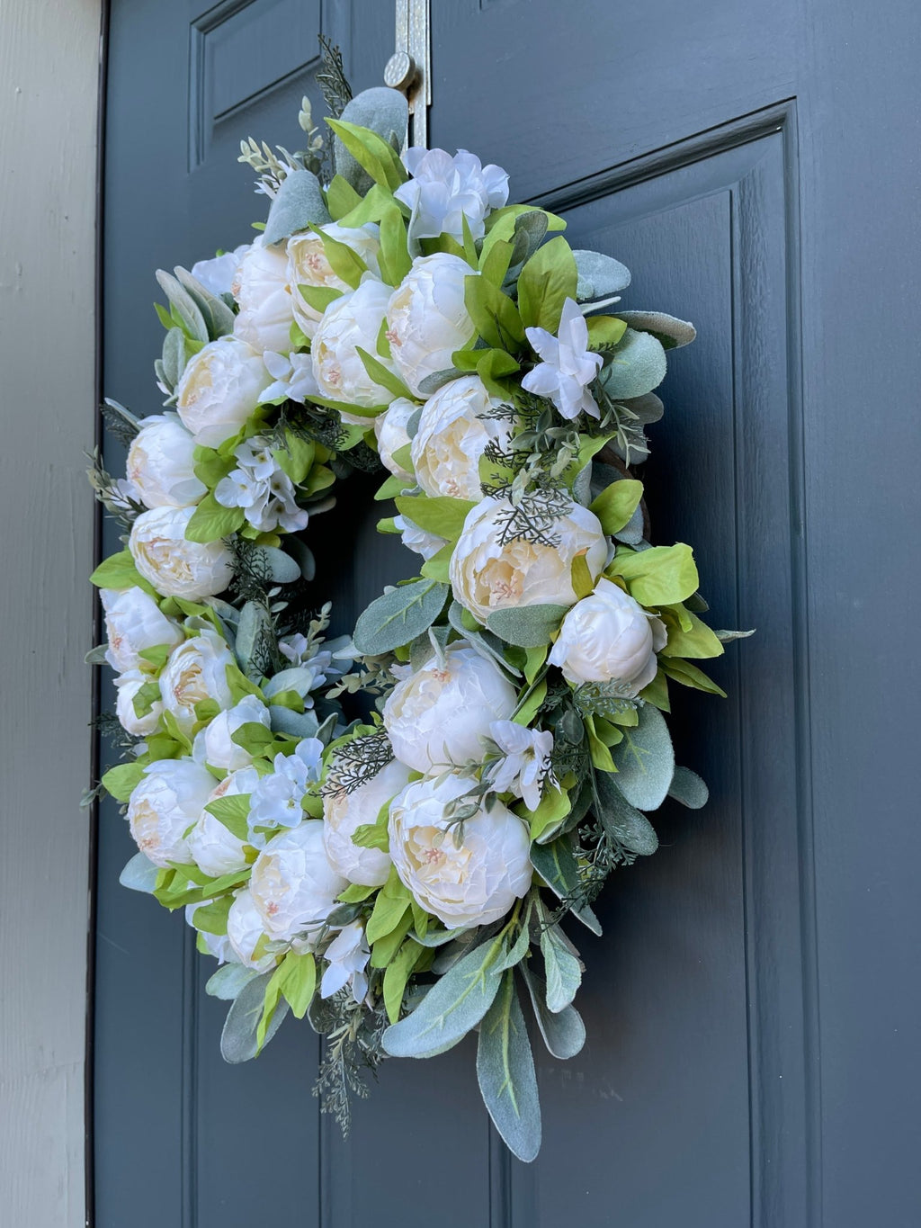 White Peony and Lambs Ear Spring Wreath - Che Cose Belle