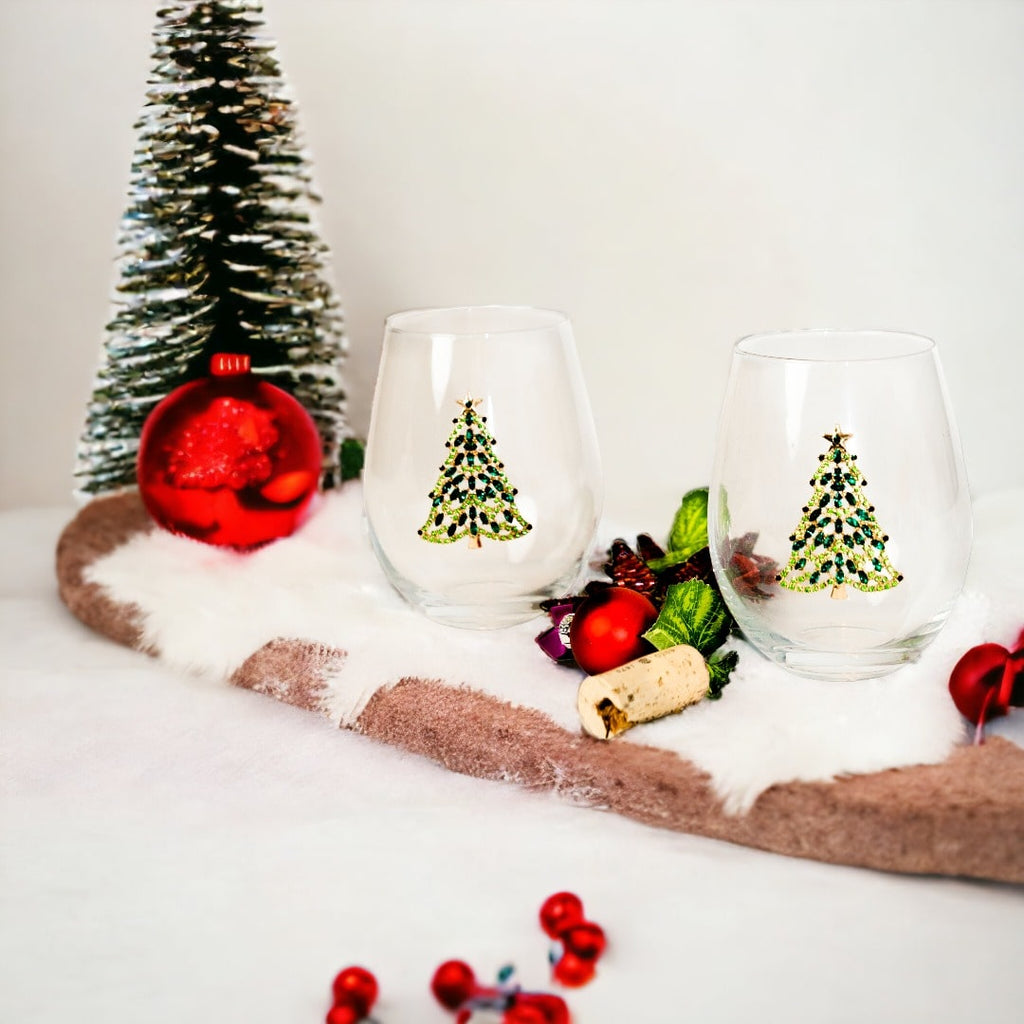 Bedazzled Christmas Tree Stemless Wine Glasses