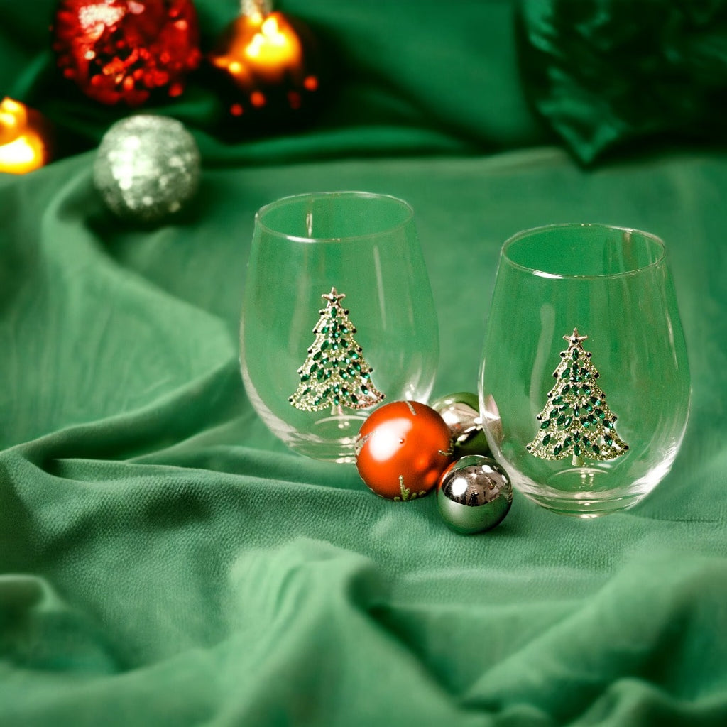 Bedazzled Christmas Tree Stemless Wine Glasses