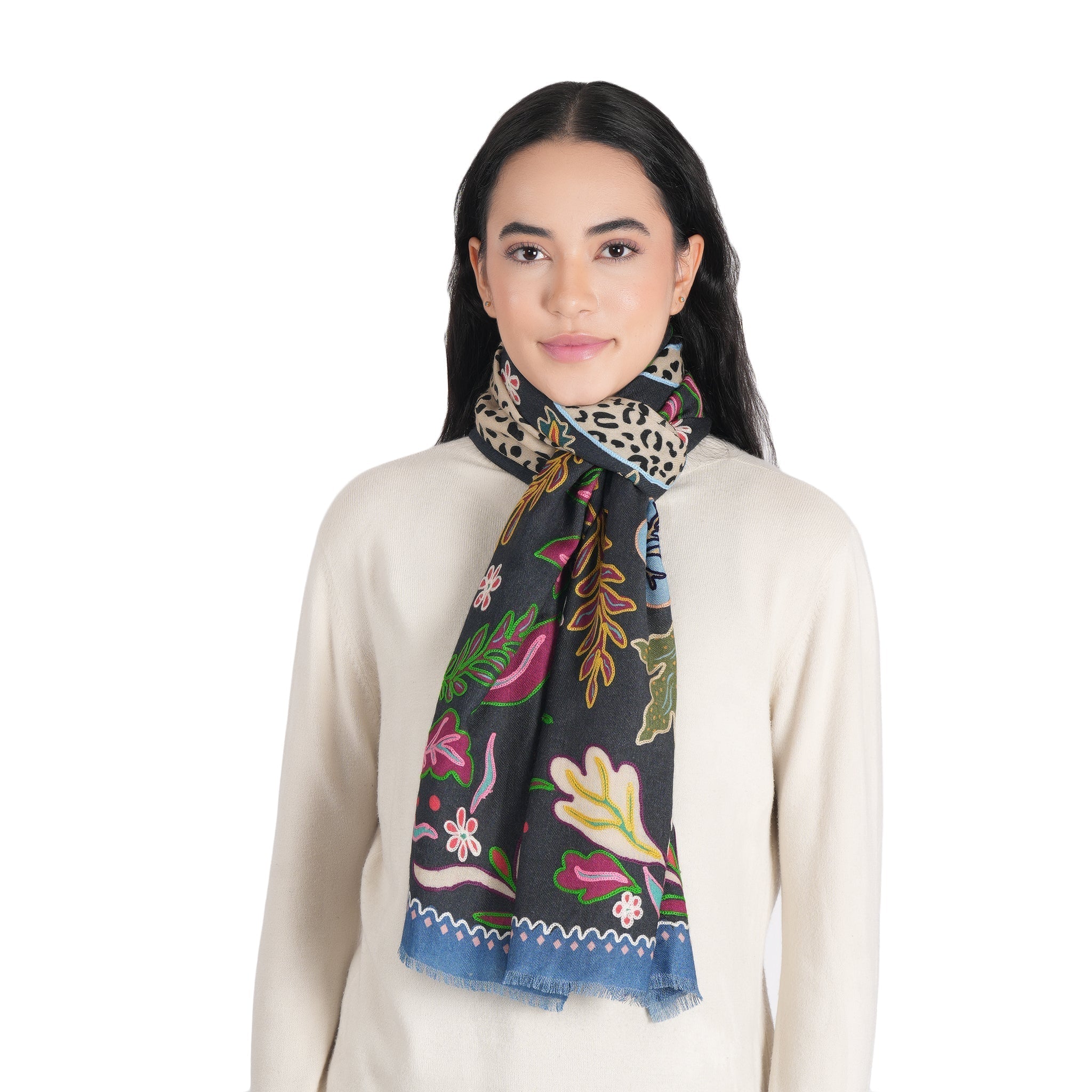 Wild Grace Wool Embroidered Scarf – Navy Blue - Che Cose Belle