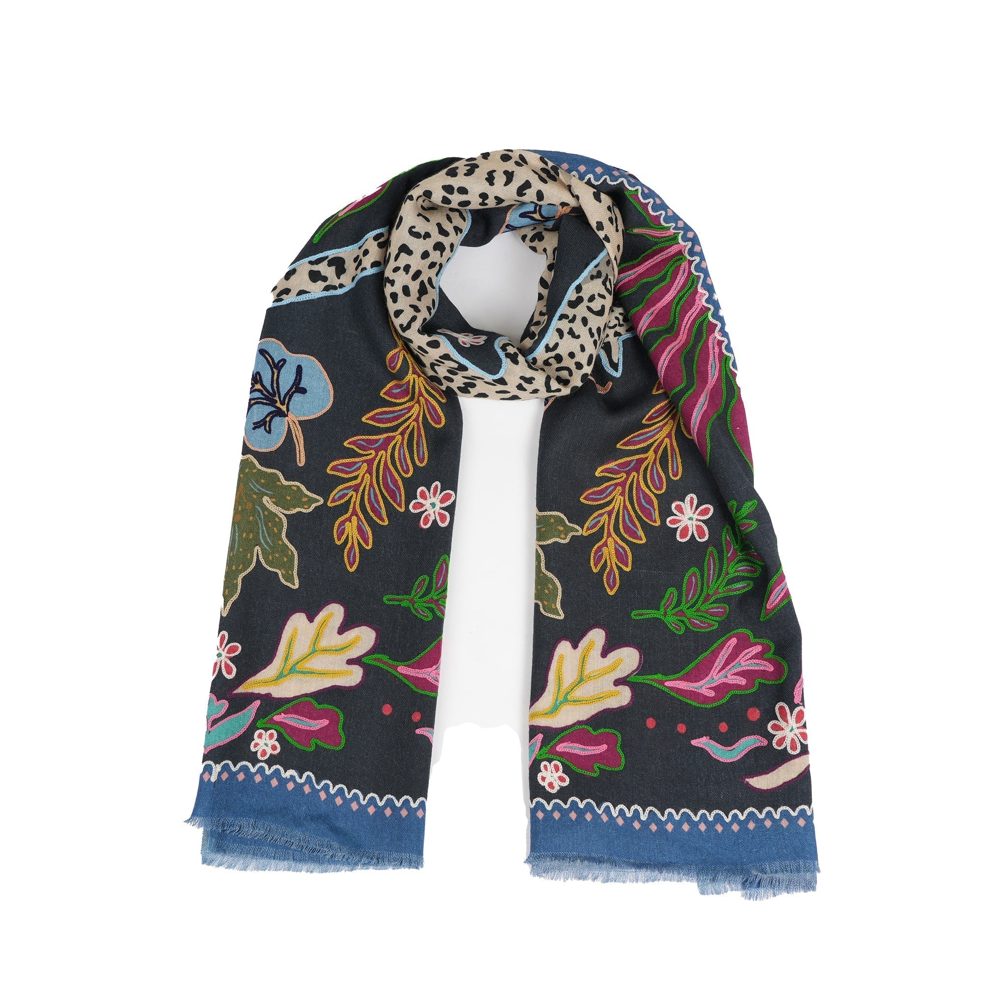 Wild Grace Wool Embroidered Scarf – Navy Blue - Che Cose Belle