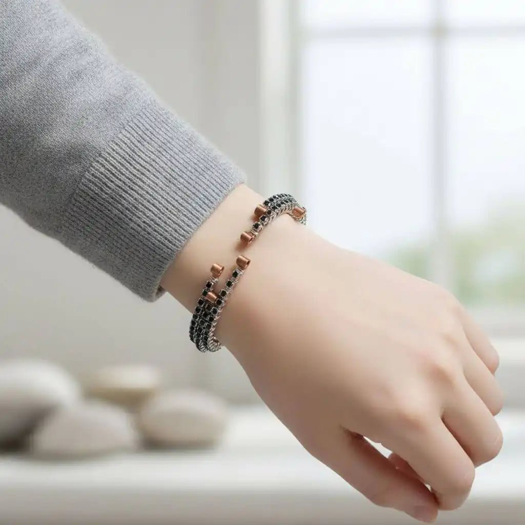Wire Wrapped Copper Silver Black Crystal Rhinestone Bangle - Che Cose Belle
