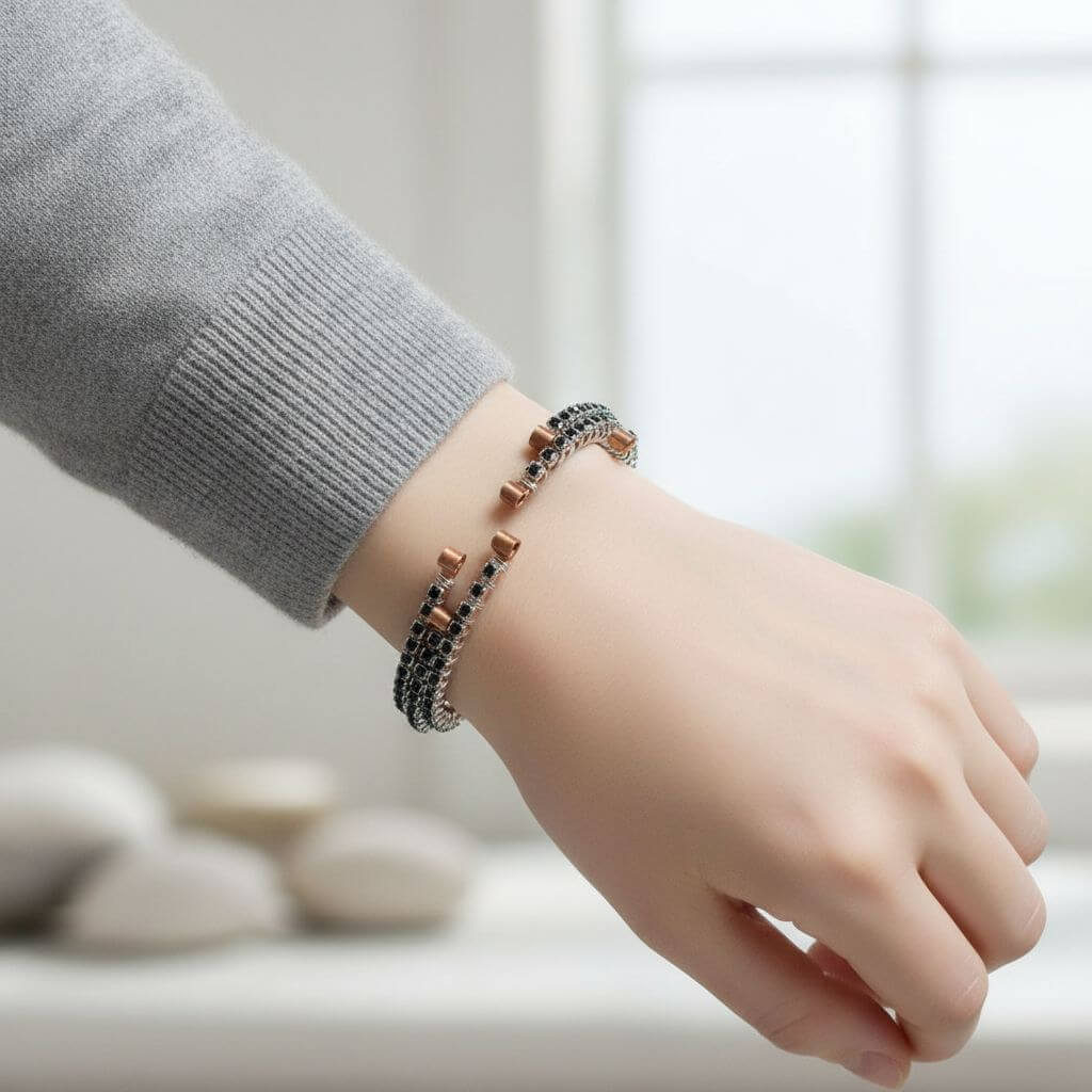 Wire Wrapped Copper Silver Black Crystal Rhinestone Bangle - Che Cose Belle