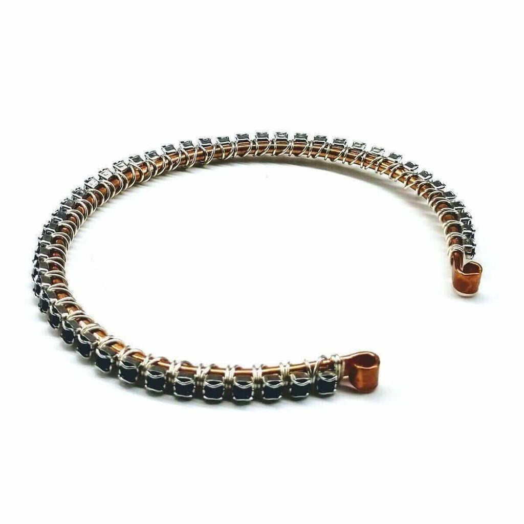 Wire Wrapped Copper Silver Black Crystal Rhinestone Bangle - Che Cose Belle
