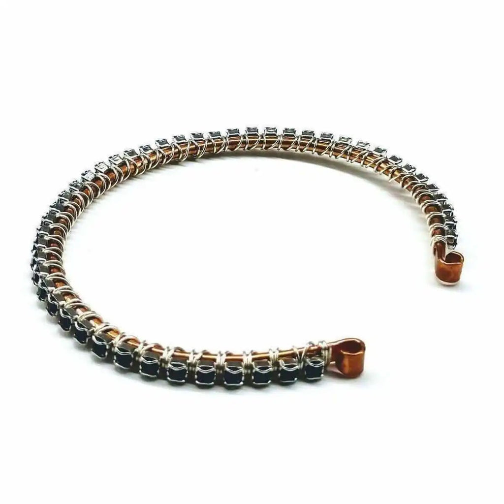 Wire Wrapped Copper Silver Black Crystal Rhinestone Bangle - Che Cose Belle