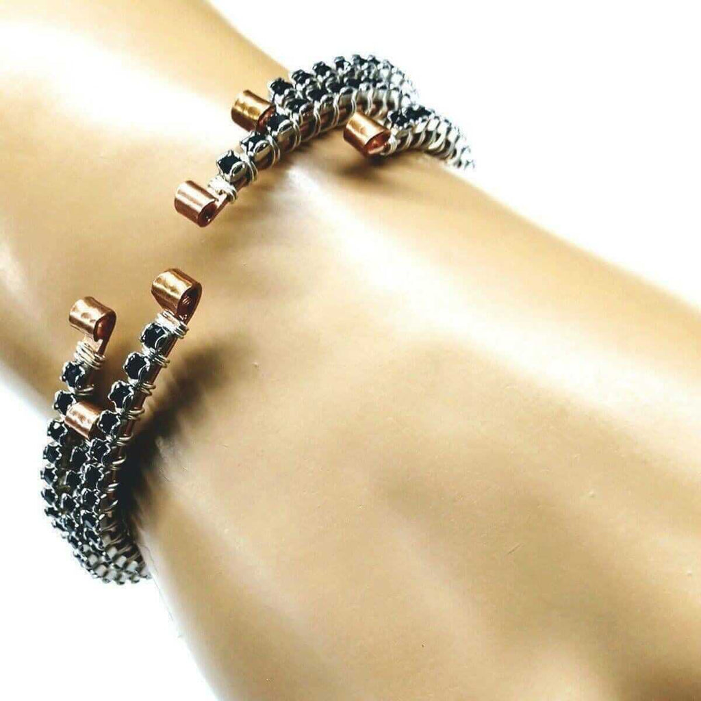 Wire Wrapped Copper Silver Black Crystal Rhinestone Bangle - Che Cose Belle
