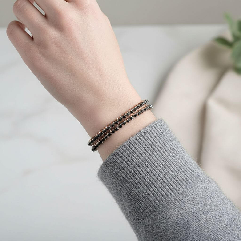 Wire Wrapped Copper Silver Black Crystal Rhinestone Bangle - Che Cose Belle
