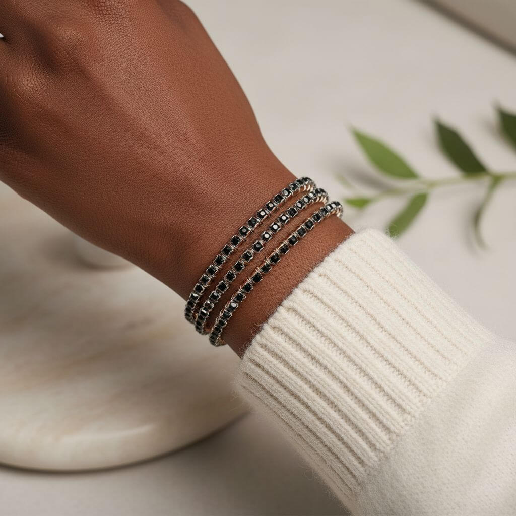 Wire Wrapped Copper Silver Black Crystal Rhinestone Bangle - Che Cose Belle