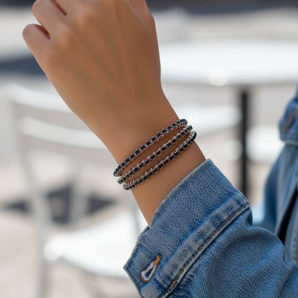 Wire Wrapped Copper Silver Black Crystal Rhinestone Bangle - Che Cose Belle