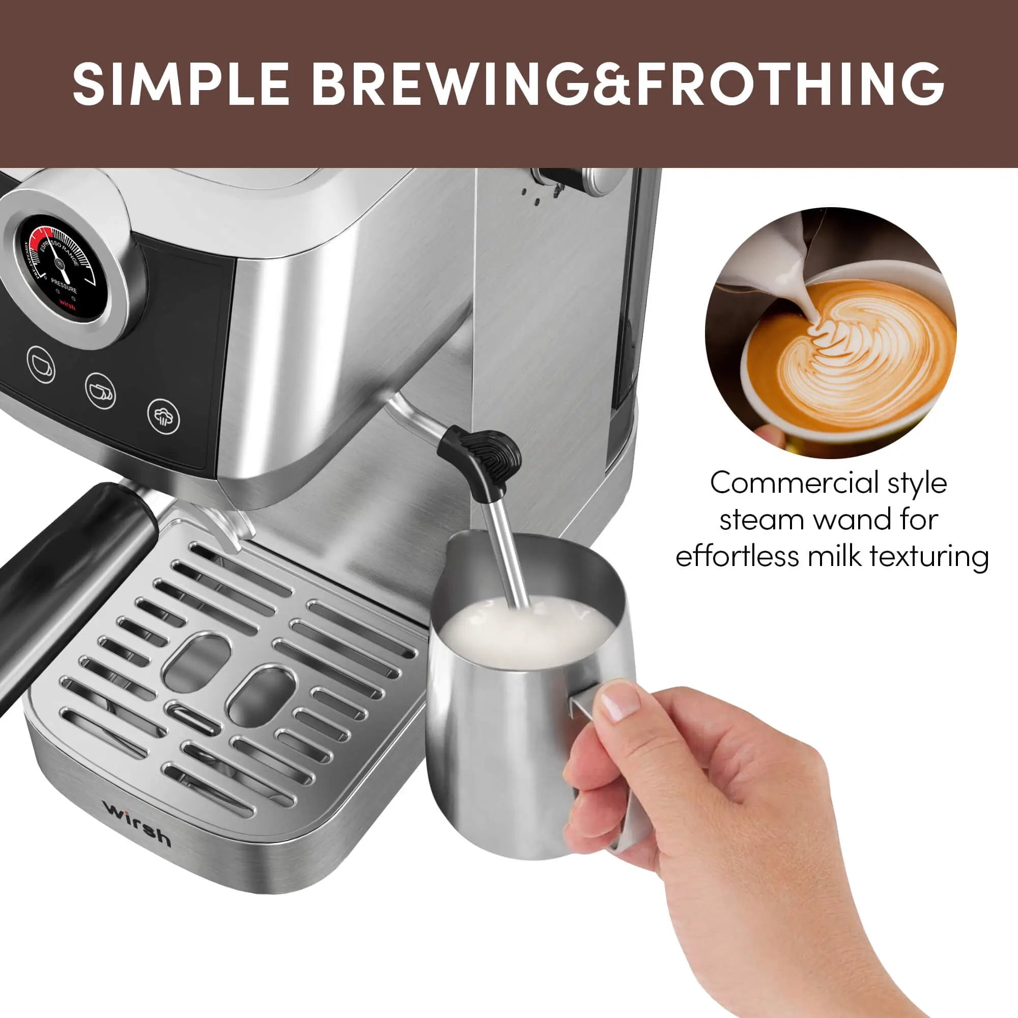 Wirsh 20 Bar Espresso Machine | Home Barista Plus with Pressure Gauge & Steam Wand - Che Cose Belle