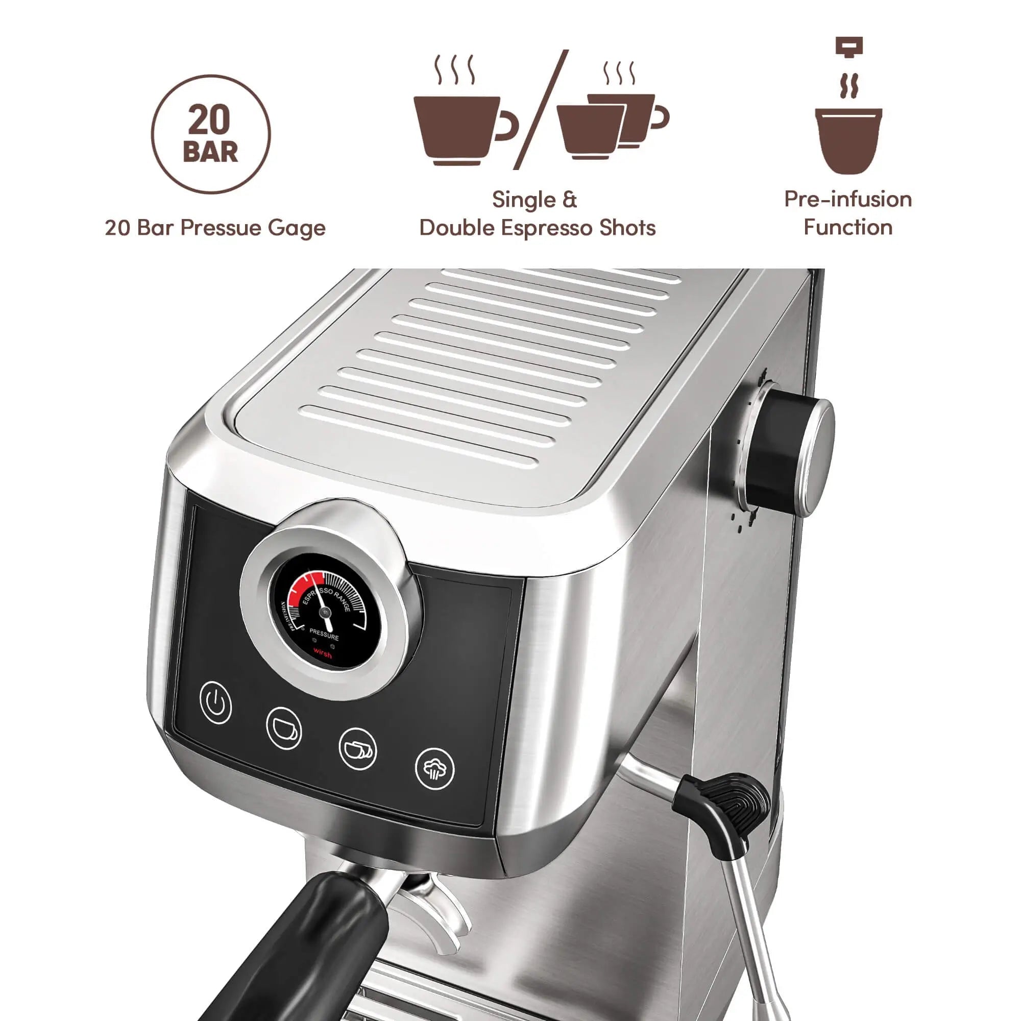 Wirsh 20 Bar Espresso Machine | Home Barista Plus with Pressure Gauge & Steam Wand - Che Cose Belle