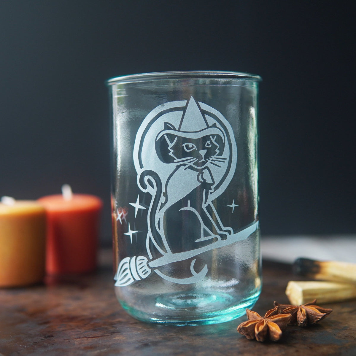 Witch Cat Rustic Recycled Glass Candle Cup - Che Cose Belle