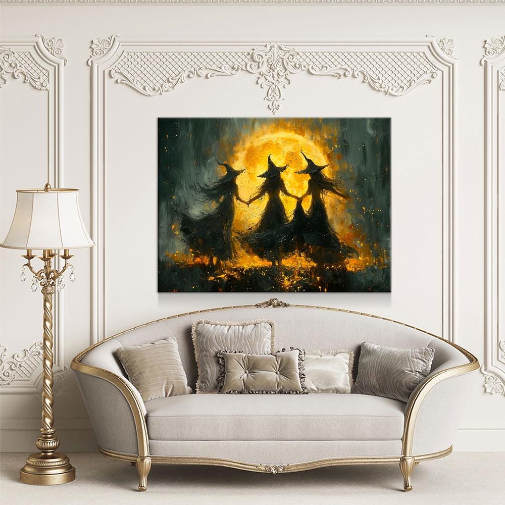 Witches Dancing Around The Fire Canvas Wall Art, Gothic Decor, Halloween Decor, Halloween Hanging, Witch Decor, Pagan Art Print, Hallows Eve - Che Cose Belle