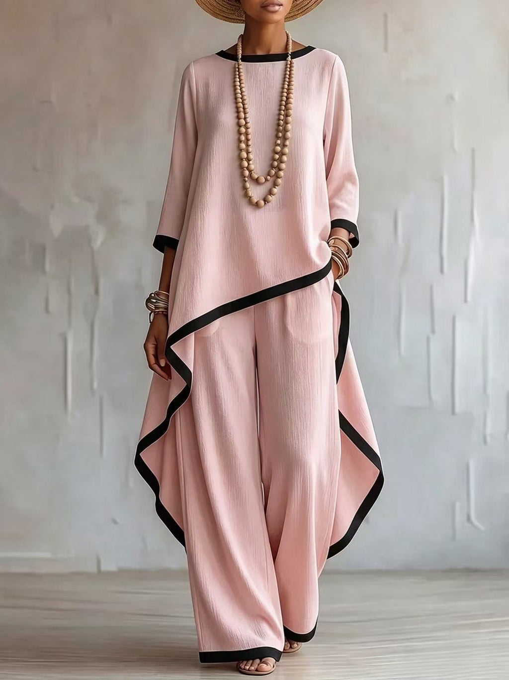 Women's Asymmetric Linen Tunic & Wide-Leg Pants Set - Che Cose Belle