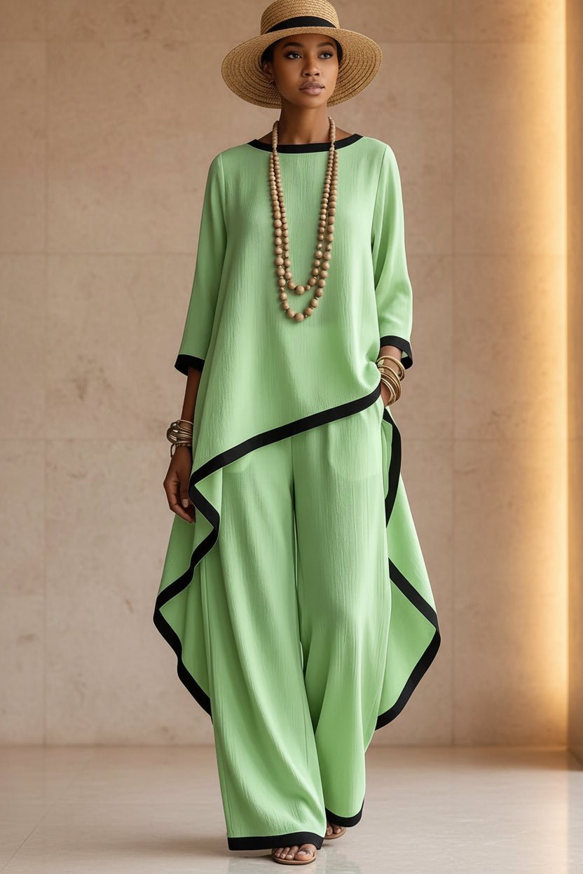 Women's Asymmetric Linen Tunic & Wide-Leg Pants Set - Che Cose Belle
