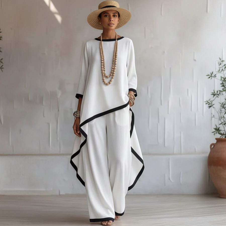 Women's Asymmetric Linen Tunic & Wide-Leg Pants Set - Che Cose Belle