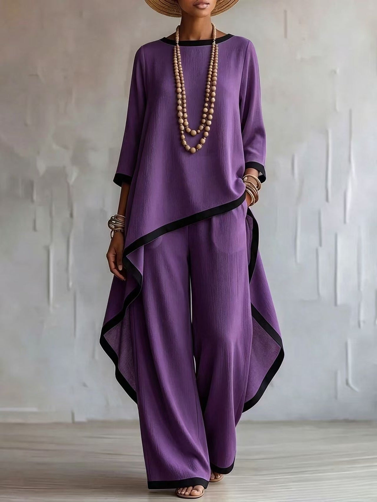 Women's Asymmetric Linen Tunic & Wide-Leg Pants Set - Che Cose Belle