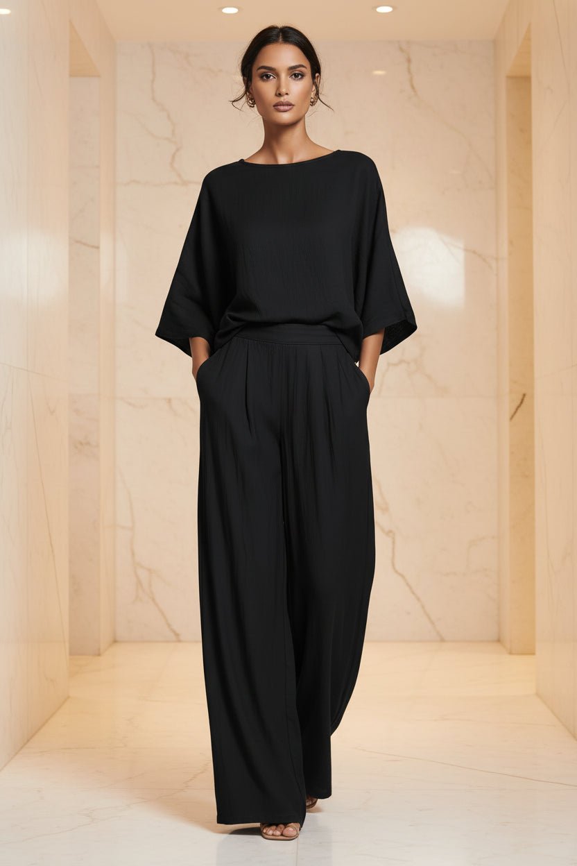 Women's Batwing-Sleeve Top & Wide-Leg Pleated Trousers Two-Piece Set - Che Cose Belle