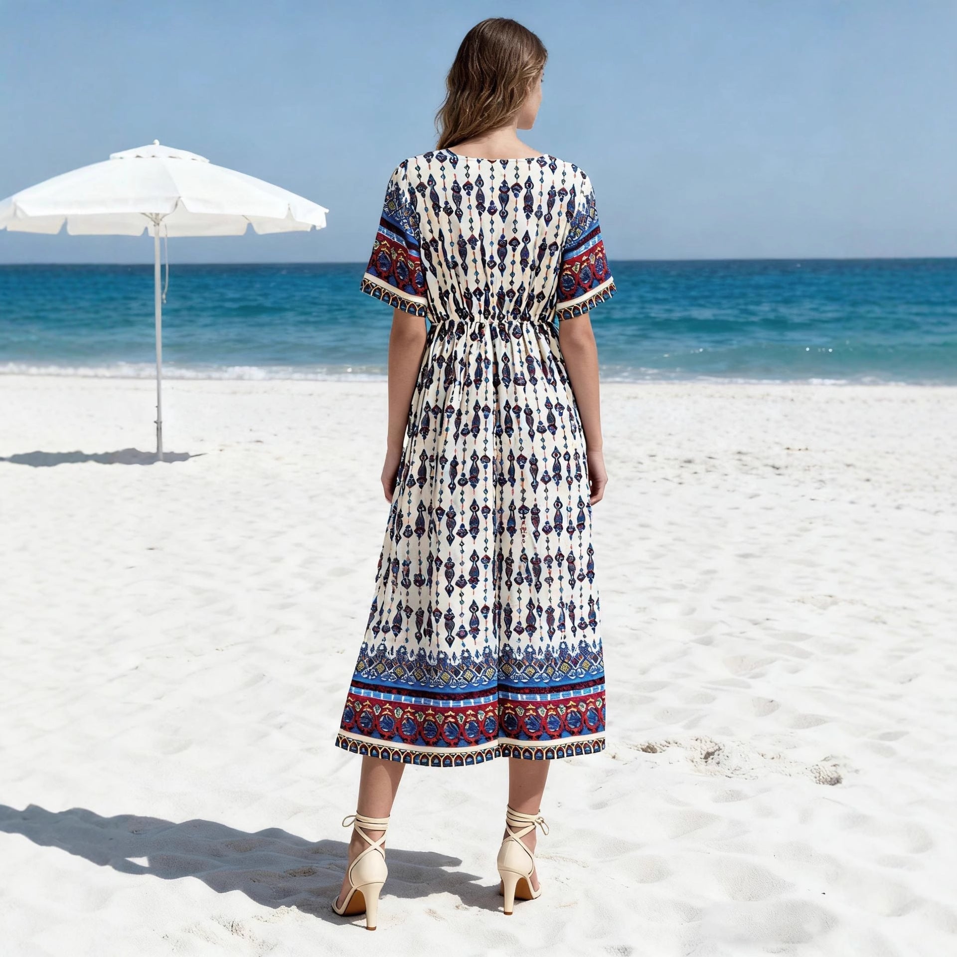 Women's Bohemian Printed Dress Short Sleeve Beach Vacation Maxi Dress Vintage - Che Cose Belle
