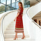 Women's Bohemian Printed Dress Short Sleeve Beach Vacation Maxi Dress Vintage - Che Cose Belle