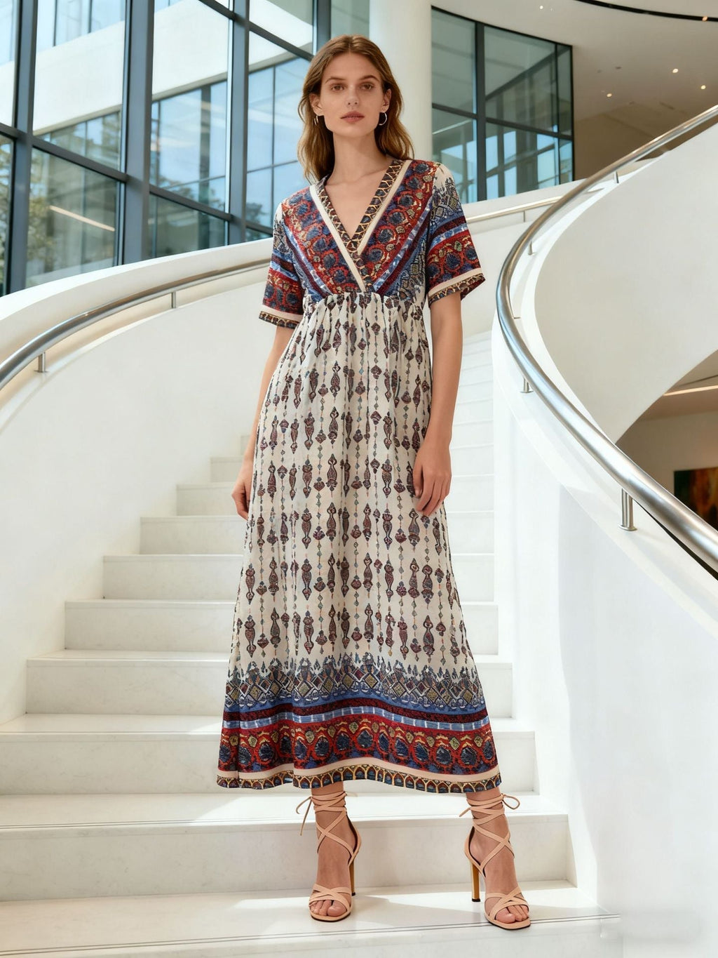 Women's Bohemian Printed Dress Short Sleeve Beach Vacation Maxi Dress Vintage - Che Cose Belle