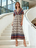 Women's Bohemian Printed Dress Short Sleeve Beach Vacation Maxi Dress Vintage - Che Cose Belle
