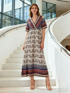Women's Bohemian Printed Dress Short Sleeve Beach Vacation Maxi Dress Vintage - Che Cose Belle