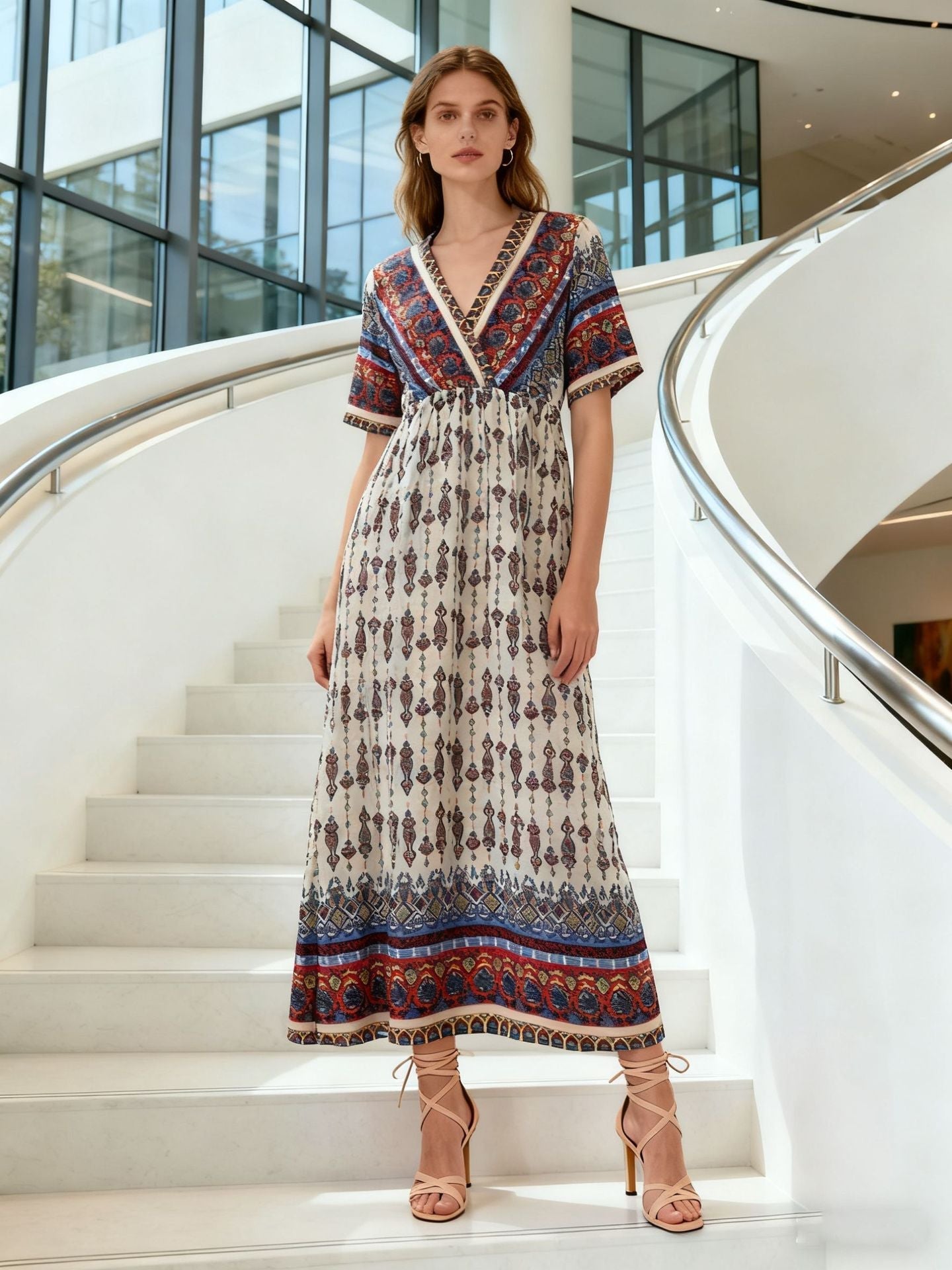 Women's Bohemian Printed Dress Short Sleeve Beach Vacation Maxi Dress Vintage - Che Cose Belle