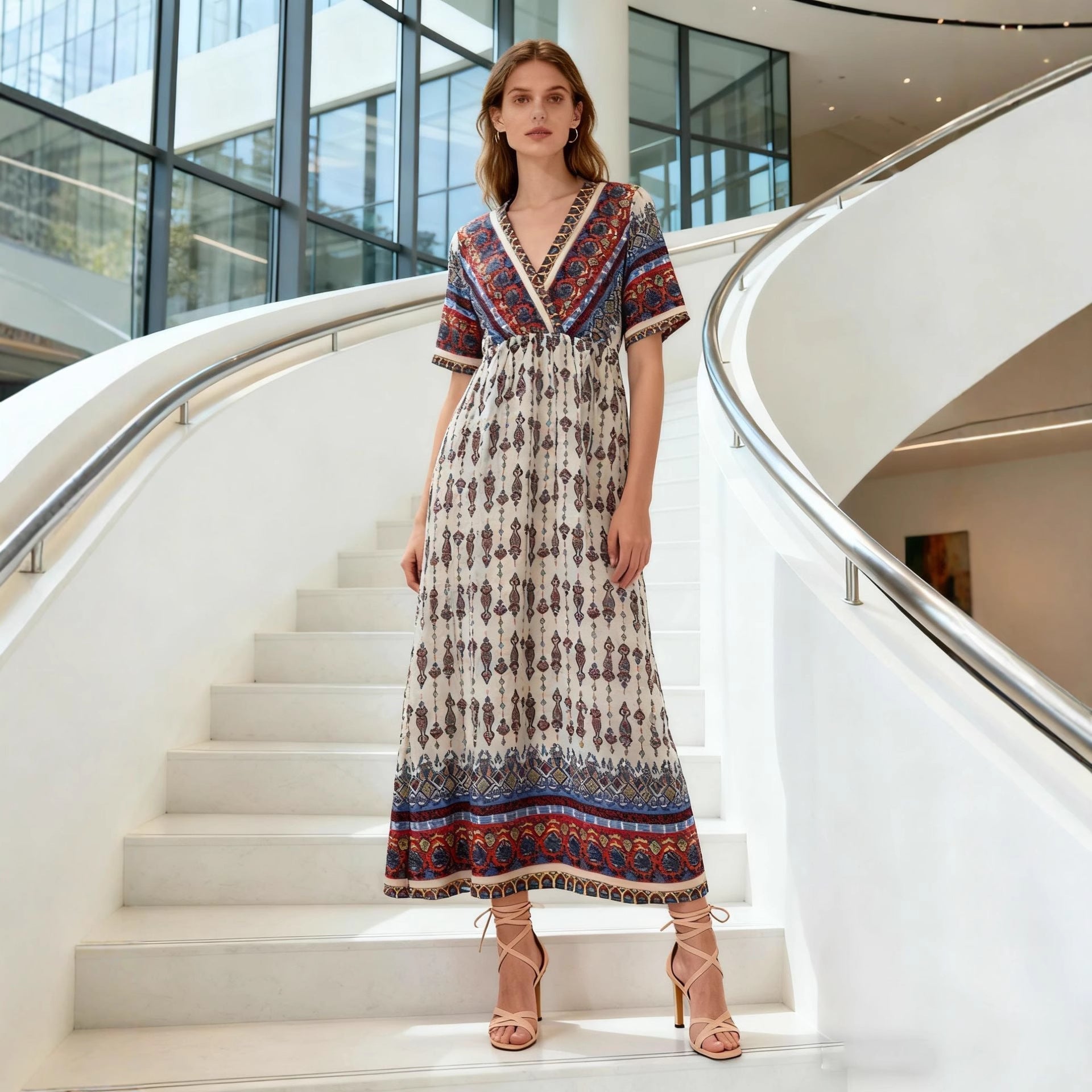 Women's Bohemian Printed Dress Short Sleeve Beach Vacation Maxi Dress Vintage - Che Cose Belle
