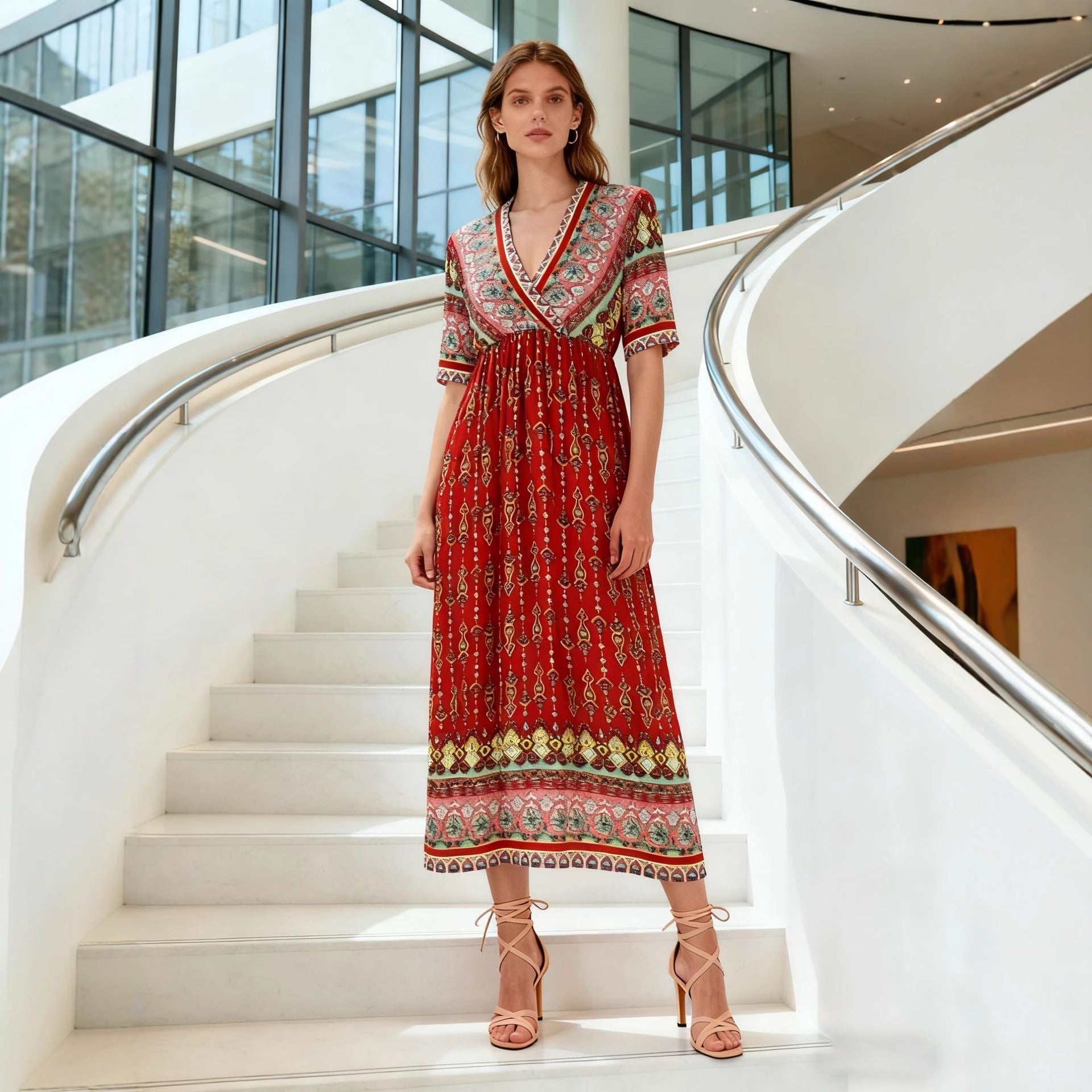 Women's Bohemian Printed Dress Short Sleeve Beach Vacation Maxi Dress Vintage - Che Cose Belle