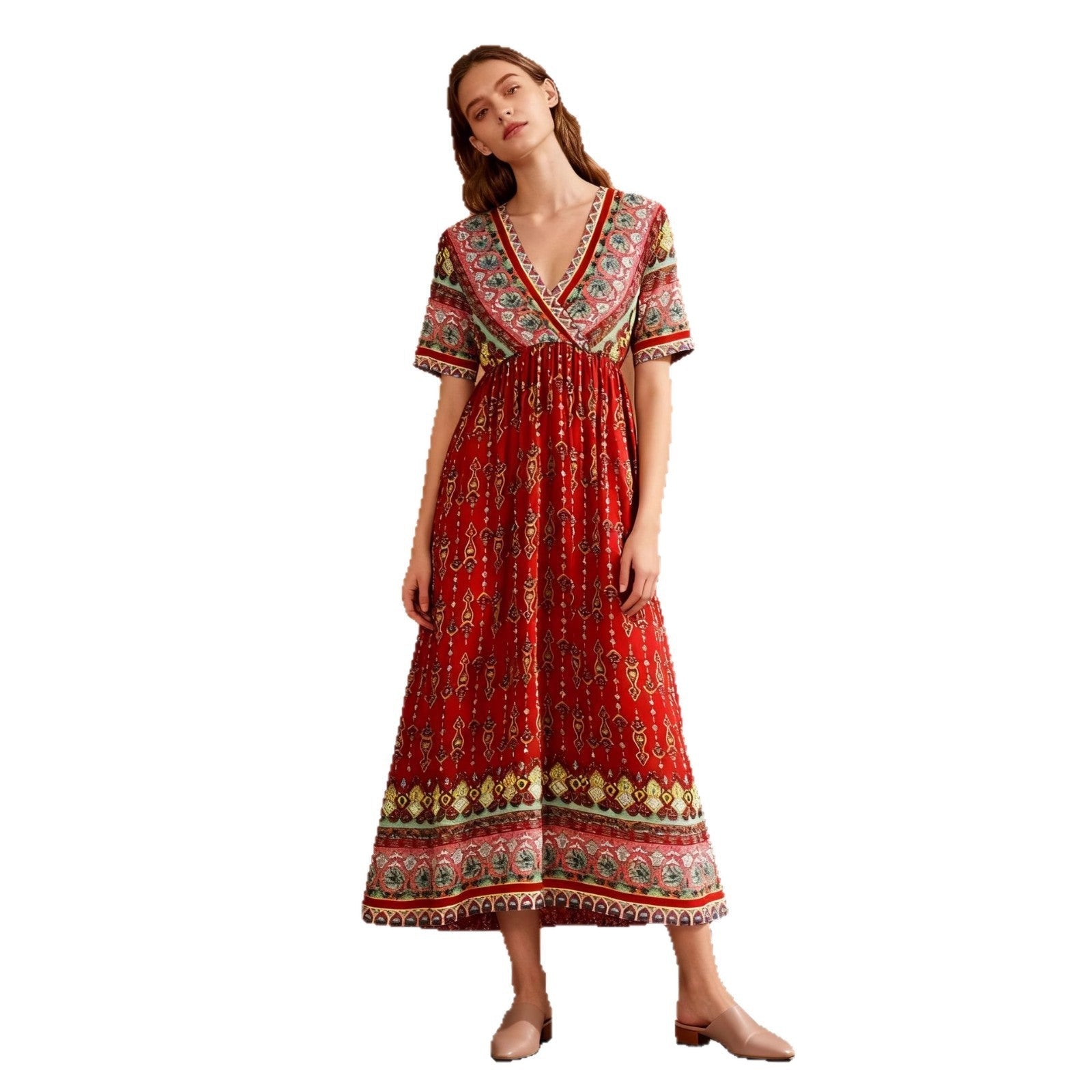 Women's Bohemian Printed Dress Short Sleeve Beach Vacation Maxi Dress Vintage - Che Cose Belle