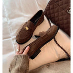 Women's British - Style Gold Coin Loafers | Block Heel Leather Slip - Ons - Che Cose Belle