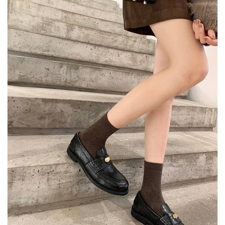 Women's British - Style Gold Coin Loafers | Block Heel Leather Slip - Ons - Che Cose Belle