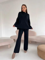 Women's Fine-Knit Mock-Neck Oversized Tunic Top & Wide-Leg Trouser Set - Che Cose Belle