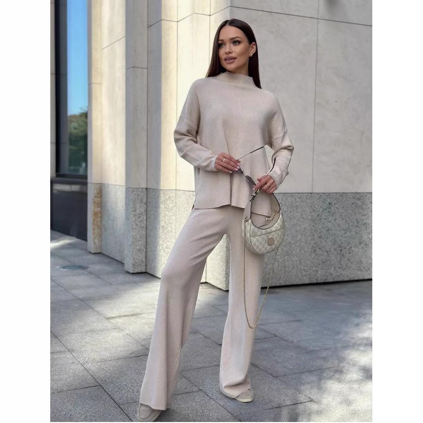 Women's Fine-Knit Mock-Neck Oversized Tunic Top & Wide-Leg Trouser Set - Che Cose Belle
