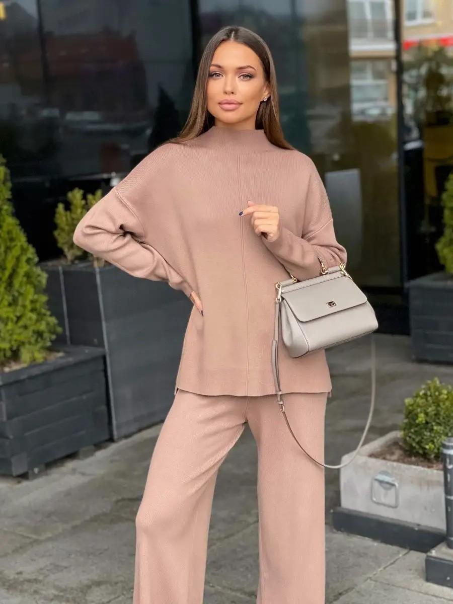 Women's Fine-Knit Mock-Neck Oversized Tunic Top & Wide-Leg Trouser Set - Che Cose Belle