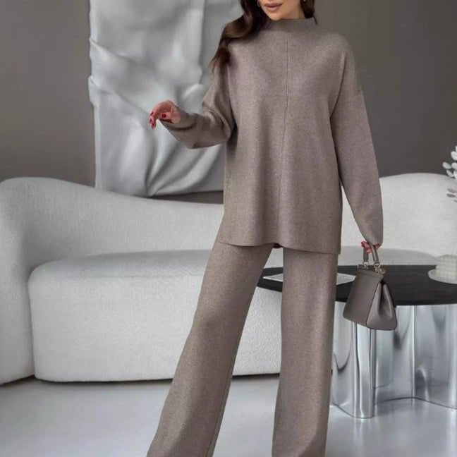 Women's Fine-Knit Mock-Neck Oversized Tunic Top & Wide-Leg Trouser Set - Che Cose Belle