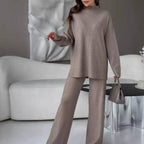 Women's Fine-Knit Mock-Neck Oversized Tunic Top & Wide-Leg Trouser Set - Che Cose Belle