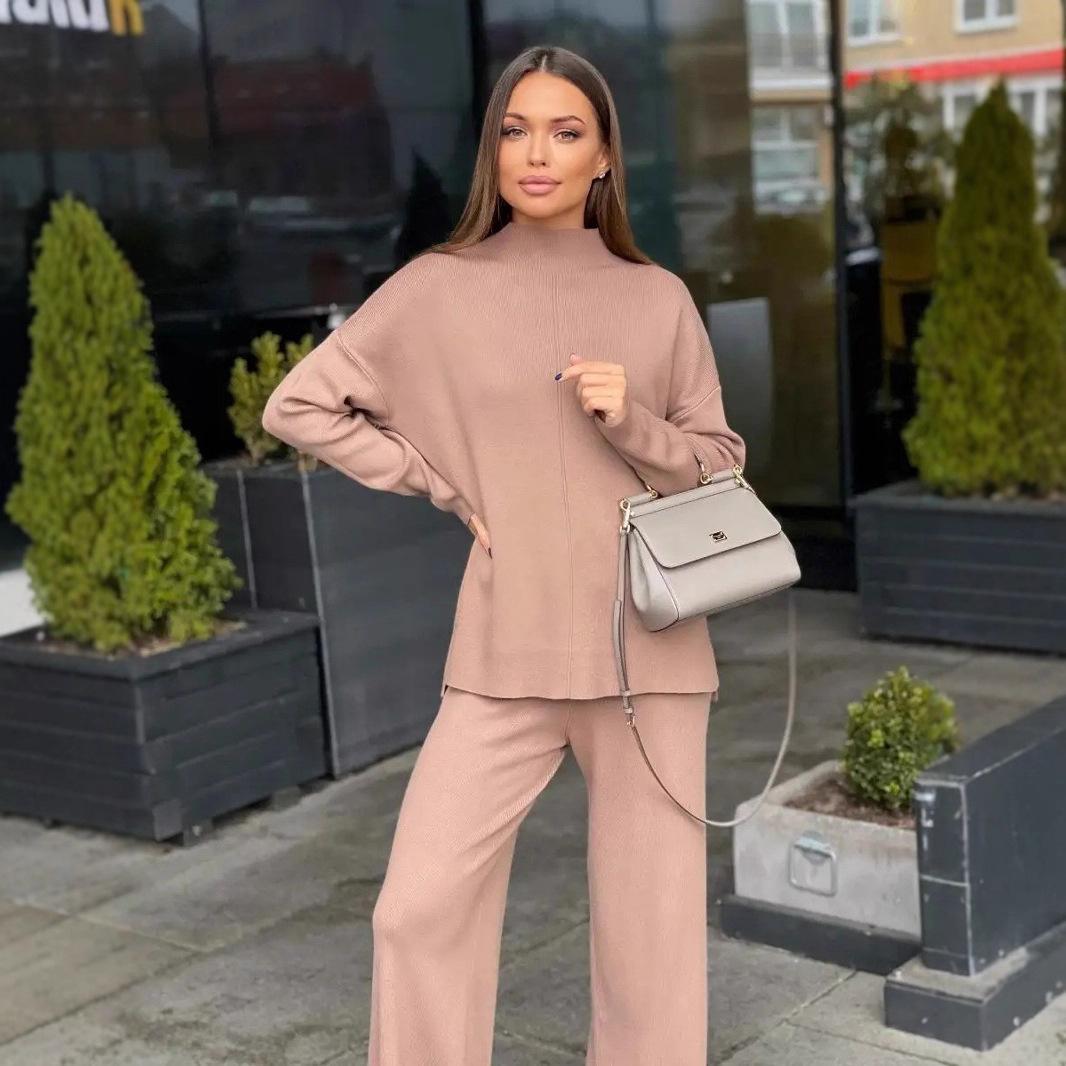 Women's Fine-Knit Mock-Neck Oversized Tunic Top & Wide-Leg Trouser Set - Che Cose Belle