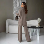 Women's Fine-Knit Mock-Neck Oversized Tunic Top & Wide-Leg Trouser Set - Che Cose Belle