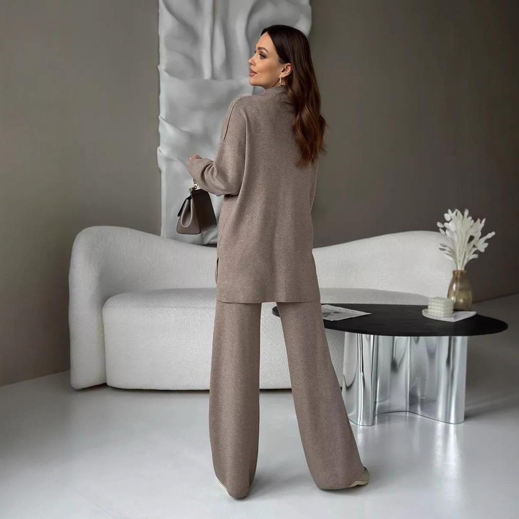 Women's Fine-Knit Mock-Neck Oversized Tunic Top & Wide-Leg Trouser Set - Che Cose Belle