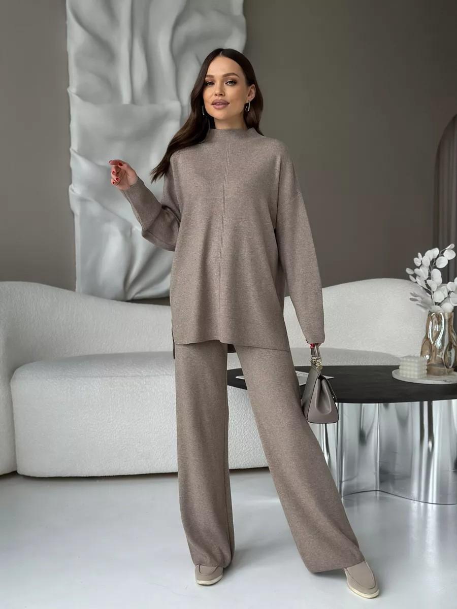 Women's Fine-Knit Mock-Neck Oversized Tunic Top & Wide-Leg Trouser Set - Che Cose Belle