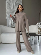 Women's Fine-Knit Mock-Neck Oversized Tunic Top & Wide-Leg Trouser Set - Che Cose Belle