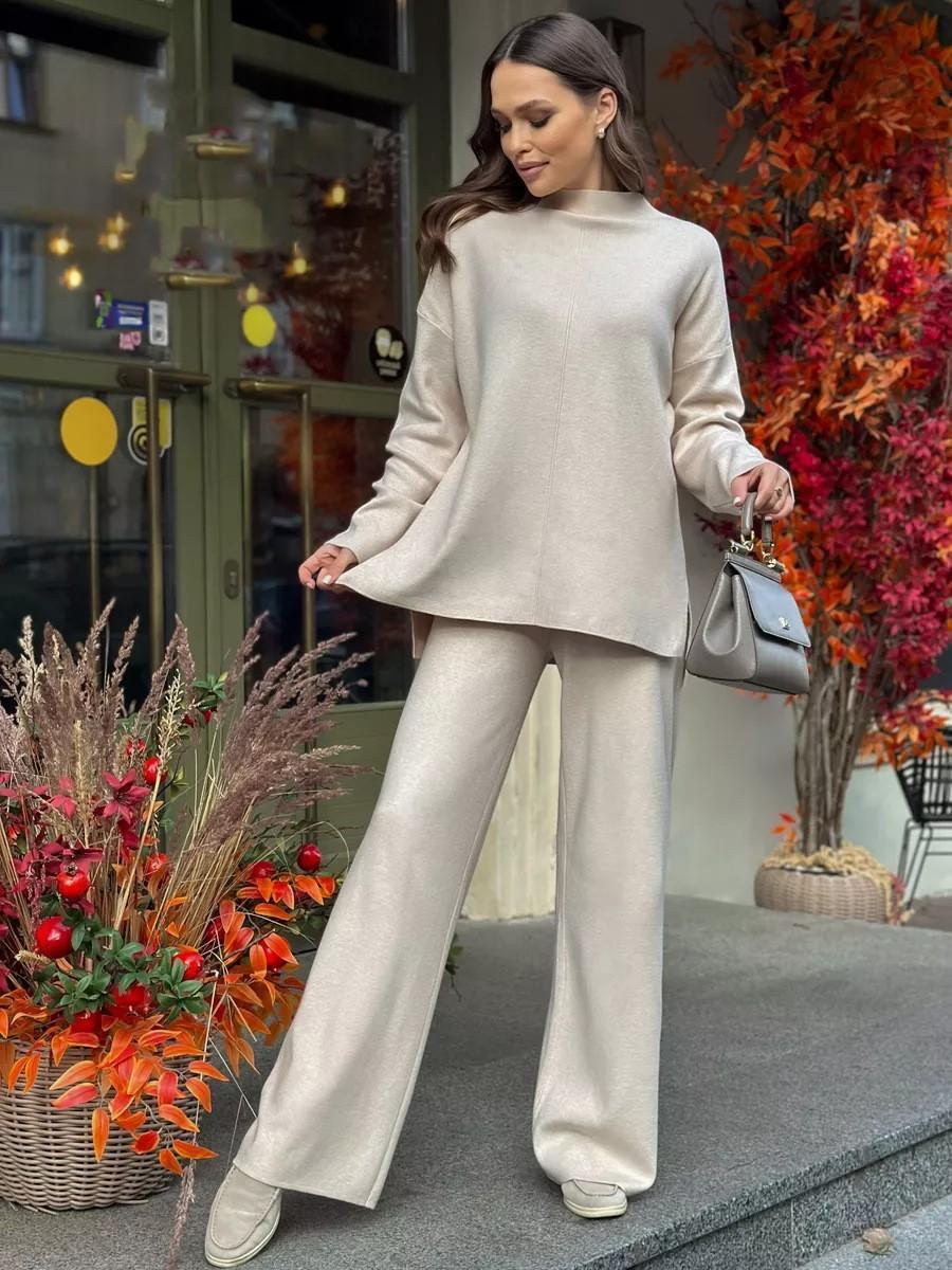 Women's Fine-Knit Mock-Neck Oversized Tunic Top & Wide-Leg Trouser Set - Che Cose Belle