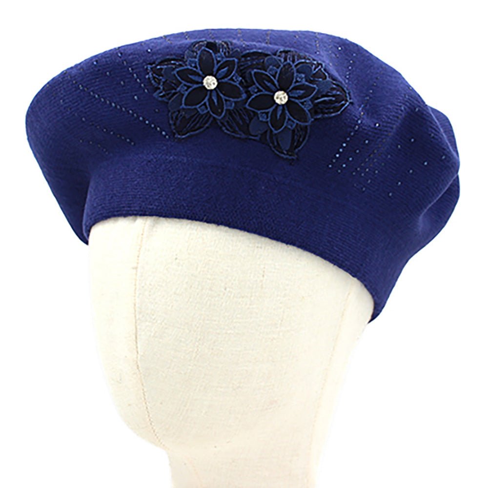 Women's Floral Applique Accent Winter Beret Hat - Che Cose Belle