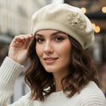 Women's Floral Applique Accent Winter Beret Hat - Che Cose Belle